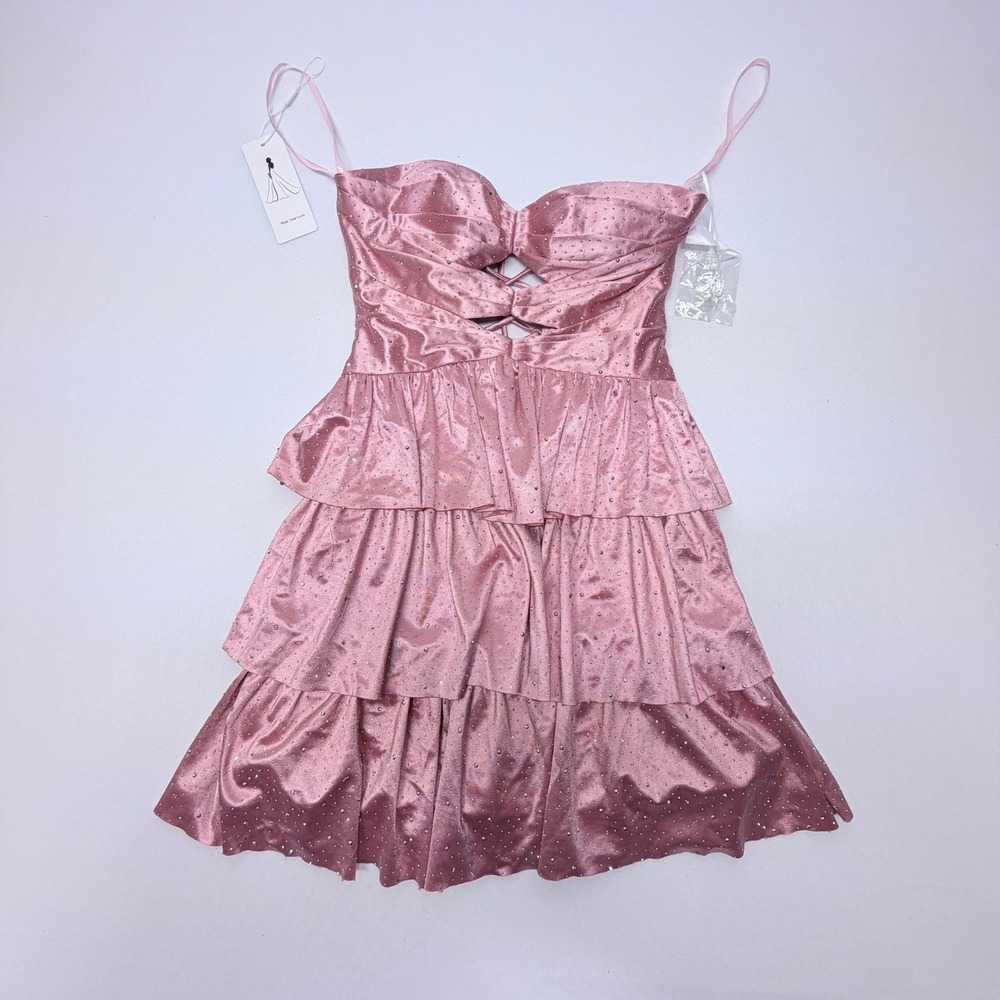 New Wear Your Love Pink Rhinestone Tiered Mini Dress Lace Up Corset Back Party